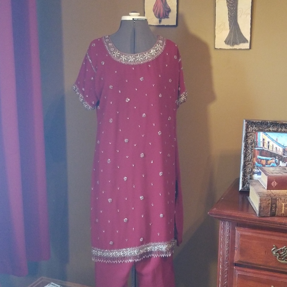 Handmade burgandy wine salwar kameez.